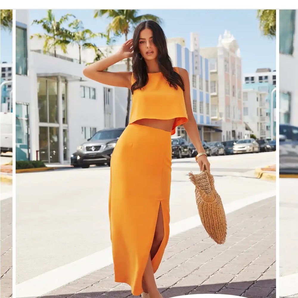 Vici Keys woven slit midi skirt in tangerine (comes with top)